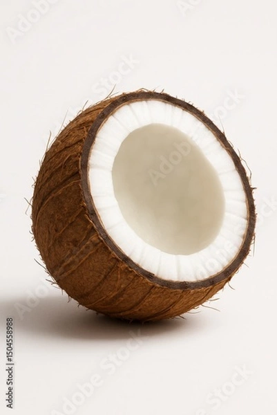 Fototapeta AI Generated image of A halved coconut isolated on white background showcases its brown shell, white flesh, and refreshing tropical essence in a clean studio shot