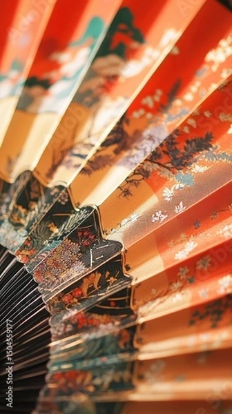 Fototapeta A detailed close-up of a classic Chinese fan adorned with bold and festive patterns. Vertical.