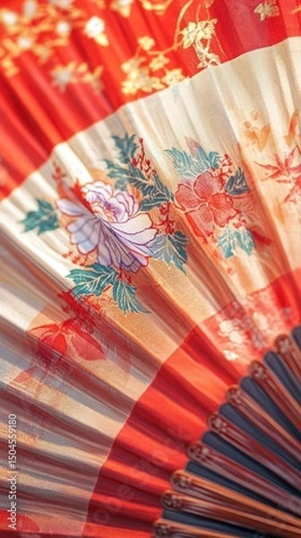 Fototapeta A close-up reveals a traditional Chinese fan adorned with intricate festive motifs. Vertical.