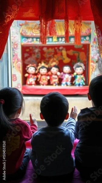Fototapeta Kids enjoy a playful puppet show amid vibrant festive celebrations of Chinese New Year. Vertical.