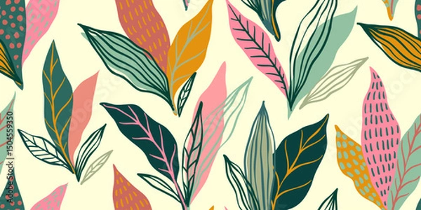 Obraz Abstract art vintage colors tropical line art leaves seamless background vector. Wallpaper design with leaves shapes and scribble doodle linear leaf. vintage botanical floral seamless pattern
