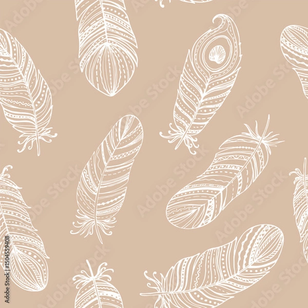 Obraz Seamless pattern boho feathers collection. Floral hand drawn vintage set. Sketch art doodle illustration. Element design for greeting cards and invitations,