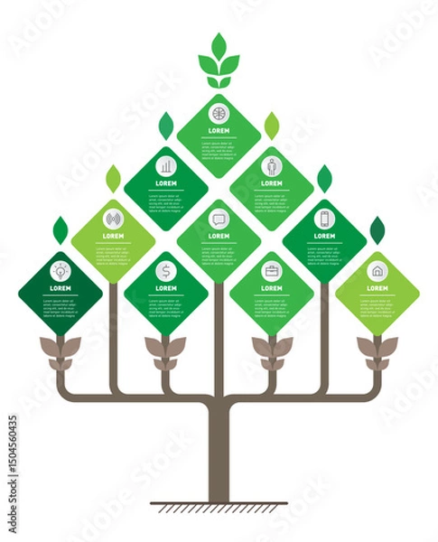 Fototapeta Tree infographic template with green diamond-shaped leaves. Business growth, hierarchy and organizational structure for presentations. business tree diagram featuring branching information blocks.