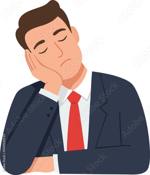 Fototapeta Businessman in navy suit and red tie sleeping with head resting on hand vector illustration of tired office worker 
