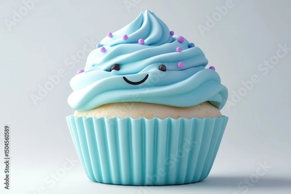 Fototapeta A charming cupcake with light blue frosting, adorned with sprinkles and a cute smiley face, ready to be enjoyed.