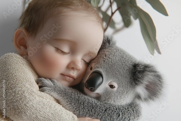 Fototapeta A cherubic baby sleeps soundly, nestled peacefully against a soft, gray koala plush toy, surrounded by calming eucalyptus leaves.