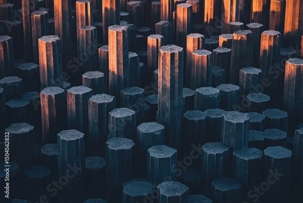 Fototapeta A striking aerial perspective of basalt columns, some illuminated by a warm, golden light, creating an abstract and geometric landscape.
