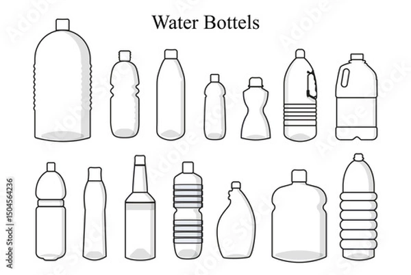 Fototapeta A clean and minimalist black line art vector illustration featuring a variety of water bottles in different shapes and styles — including reusable bottles, plastic bottles, sports bottles, and glass.