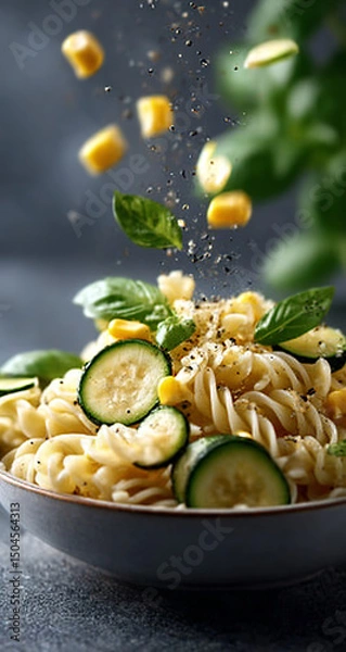 Fototapeta Colorful Flying Pasta with Basil and Zucchini in Mid-Air Above Rustic Bowl