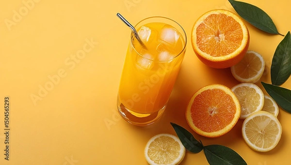 Fototapeta Glass of Fresh Orange Juice with Assorted Citrus Fruits on Yellow Table
