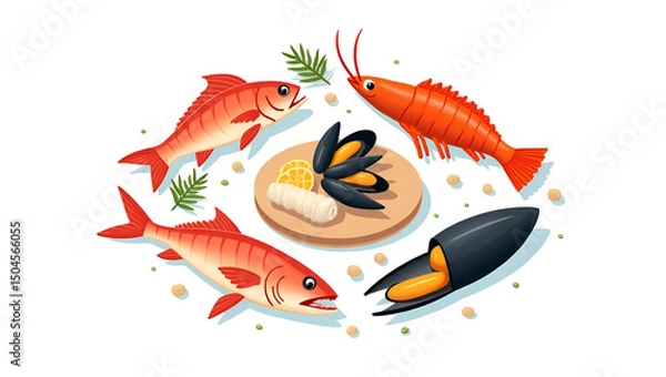 Fototapeta Fish or seafood flat icon design for food delivery apps and restaurant websites