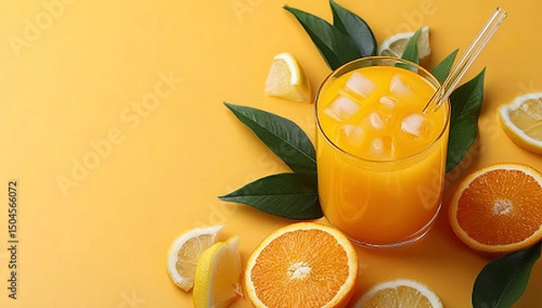 Fototapeta Glass of Orange Juice with Fresh Citrus Fruits and Green Leaves on Bright Yellow Background
