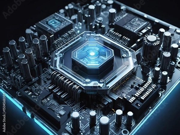Obraz A futuristic motherboard with glowing blue circuitry, showcasing advanced technology and innovation.