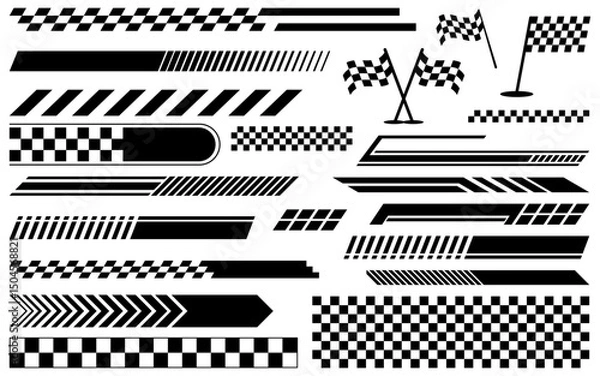 Fototapeta Racing stripe set checkered flag speed competition car decal pattern sticker collection finish line motorsport checkerboard chequered black and white silhouette graphic designs