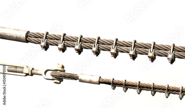 Obraz Steel wire rope hook with belt strap power cord, structure of suspension bridge railing isolated on a white background with clipping path, close up.