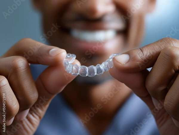 Fototapeta Smiling man holds clear orthodontic aligner in dental office at midday