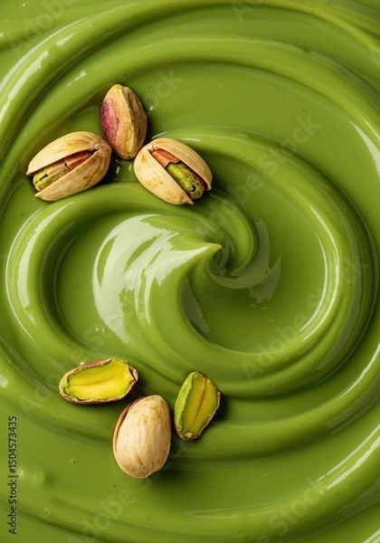 Fototapeta Close-up of vibrant green pistachio cream with two nuts. Dessert concept for culinary visuals, ads, or food product packaging.
