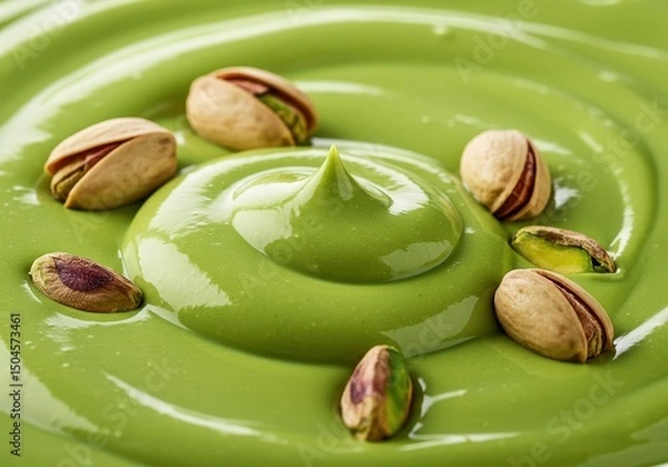 Fototapeta Green pistachio cream swirl with scattered whole nuts on top. Perfect for sweets, branding, or dessert product promotion.