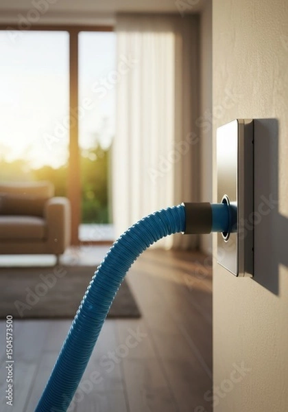 Fototapeta Blue hose connected to modern wall-mounted central vacuum inlet in bright room. Clean and efficient solution for contemporary homes.
