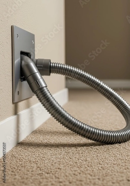 Fototapeta Built-in vacuum system hose plugged into low wall outlet in room corner. Space-saving smart home cleaning technology.