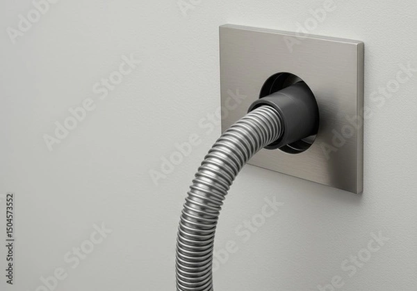 Fototapeta Flexible metal hose inserted into a wall socket, concept of power supply, industrial equipment, or non-standard electrical installation.