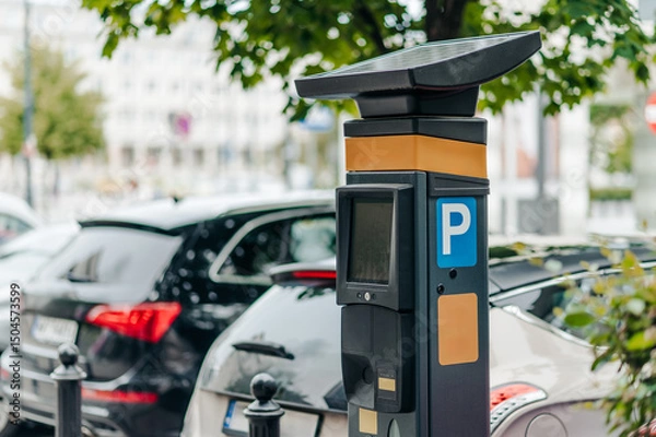 Obraz A solar-powered parking meter positioned beside parked vehicles in a bustling city setting, showcasing modern parking technology and convenience