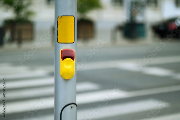 Obraz Pedestrian signal button located on a pole beside a crosswalk in a busy urban environment under clear skies