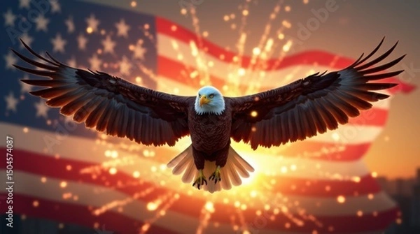 Obraz Patriotic eagle with flag and colorful fireworks display
