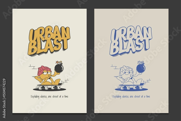 Obraz retro poster or graphic t-shirt design with a chill cartoon character holding a bomb, vector illustration
