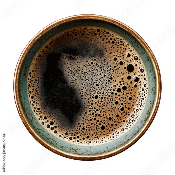 Fototapeta Top view of black coffee in rustic mug isolated on transparent background