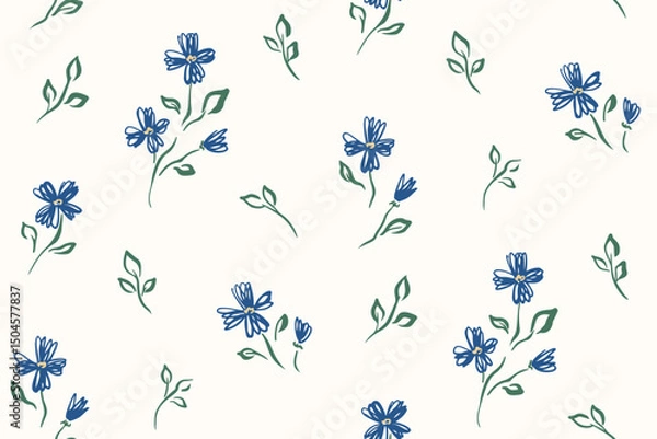 Fototapeta Seamless floral pattern, abstract ditsy print with simple sketch plants. Elegant botanical design in minimalist style, small hand drawn flowers, tiny leaves on white background. Vector illustration.