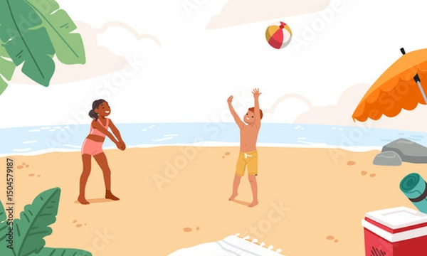 Obraz Happy children characters playing beach volleyball while enjoying active rest on tropical resort
