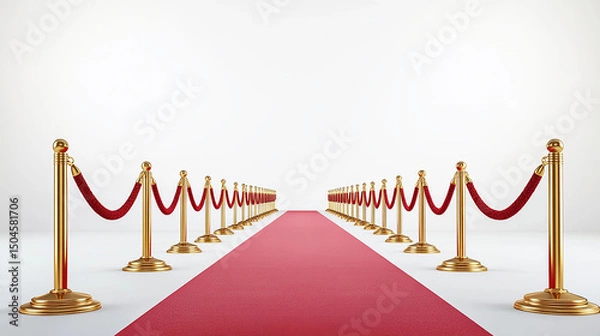 Fototapeta A red carpet with golden stanchions and velvet ropes leading to a bright white background space