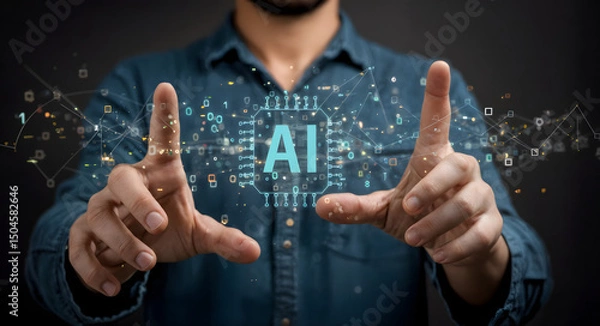 Obraz Man interacting with AI interface and digital data visualization