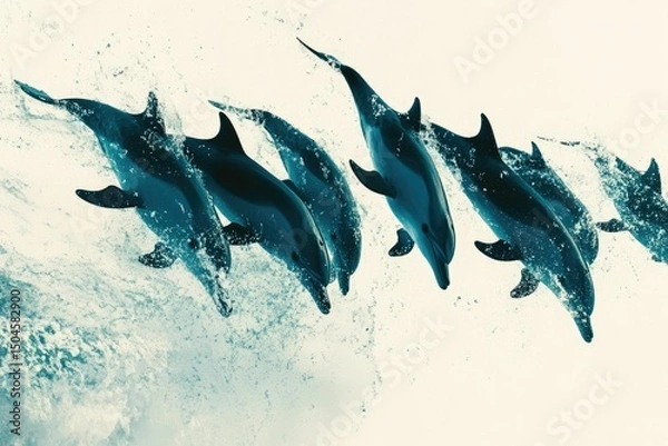 Fototapeta A pod of dolphins leaping from the ocean, creating a splash of water.