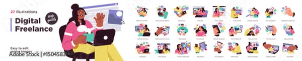 Obraz High-quality illustration bundle featuring 27 freelance-related scenes including remote work, productivity, client feedback, planning, and skill-building.
