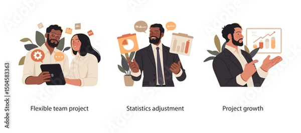 Obraz Vector illustrations showing flexible team collaboration, statistical data corrections, and confident business growth strategy presentations.