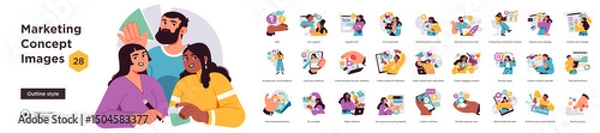 Fototapeta Vector illustrations set focused on marketing concepts including digital promotion, content creation, analytics, social media, and audience growth.