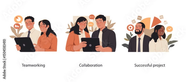 Fototapeta Illustration set showing team collaboration in action, from cooperative teamwork and digital communication to achieving a successful business project.