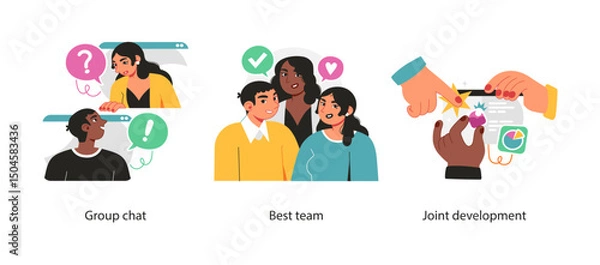 Fototapeta Illustration set showing team communication, group chat interaction, and joint development of creative digital projects in business.