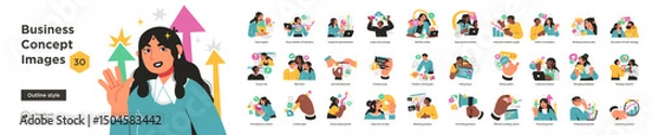 Obraz Vector set of 30 colorful business concept illustrations covering teamwork, analytics, growth, content, cloud, and customer support.