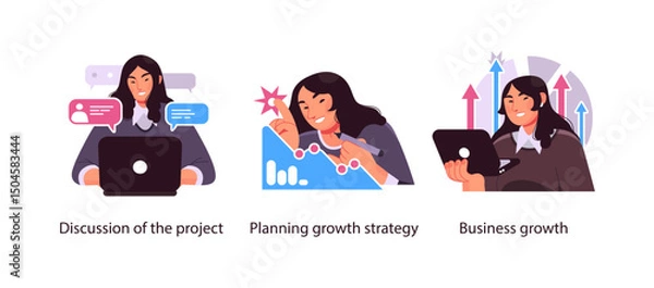 Obraz Illustrations of a woman working on project discussion, growth strategy planning, and achieving business progress using digital tools.