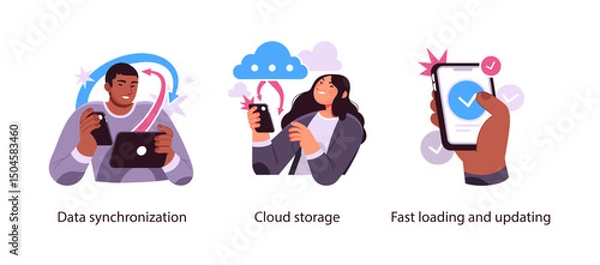 Fototapeta Illustration of mobile data synchronization, cloud storage access, and fast app updates using smartphones and cloud computing technology.