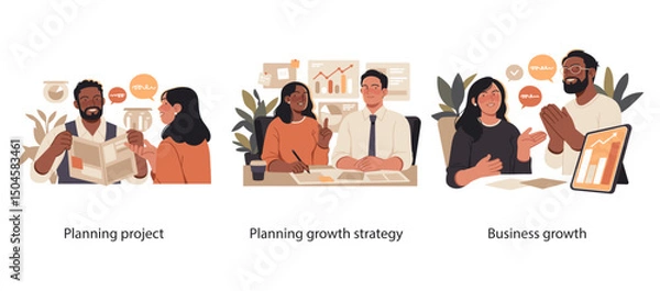 Obraz Illustration set showing professionals collaborating on project planning, growth strategy development, and celebrating successful business performance.