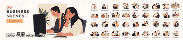 Obraz Editable vector bundle of 36 business scenes including teamwork, project planning, growth strategies, and professional collaboration for digital use.