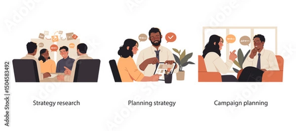 Obraz Illustration set showing office professionals working together, forming partnerships through cooperation, and celebrating shared achievements with growth charts.