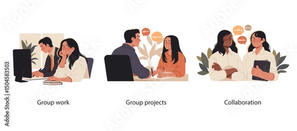 Obraz Illustration set of professionals engaging in teamwork, discussing group projects, and collaborating on tasks in a modern office environment.