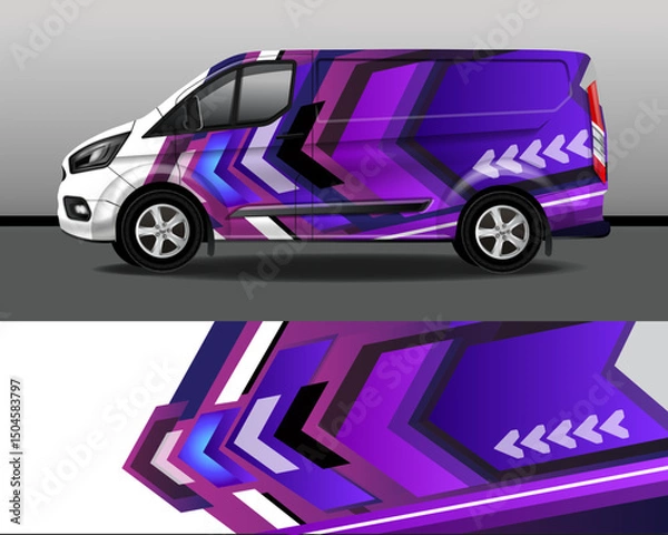 Fototapeta Vector design of delivery van. Car sticker. Car design development for company. Abstract background with purple stripes and arrows for vinyl car sticker.