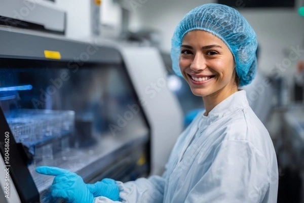 Fototapeta Smiling female scientist in lab coat operates advanced biotech equipment showcasing pharmaceutical research and development