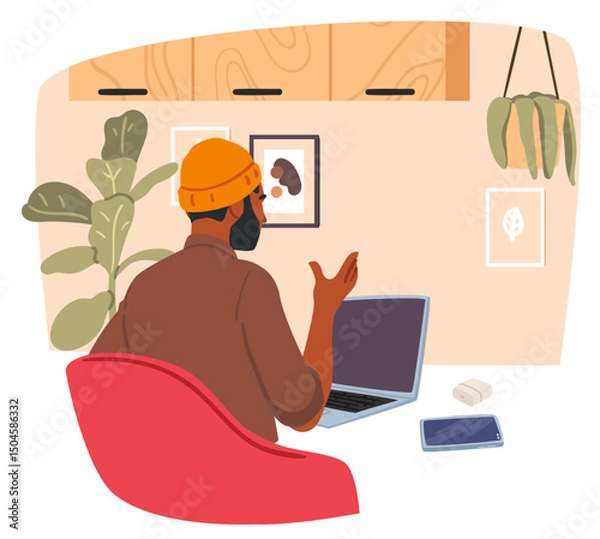 Obraz Man cartoon character working online using laptop computer at cozy home office workspace scene